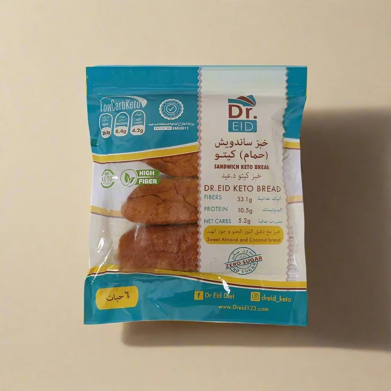 Packaged Dr. Eid Keto Bread on a beige background