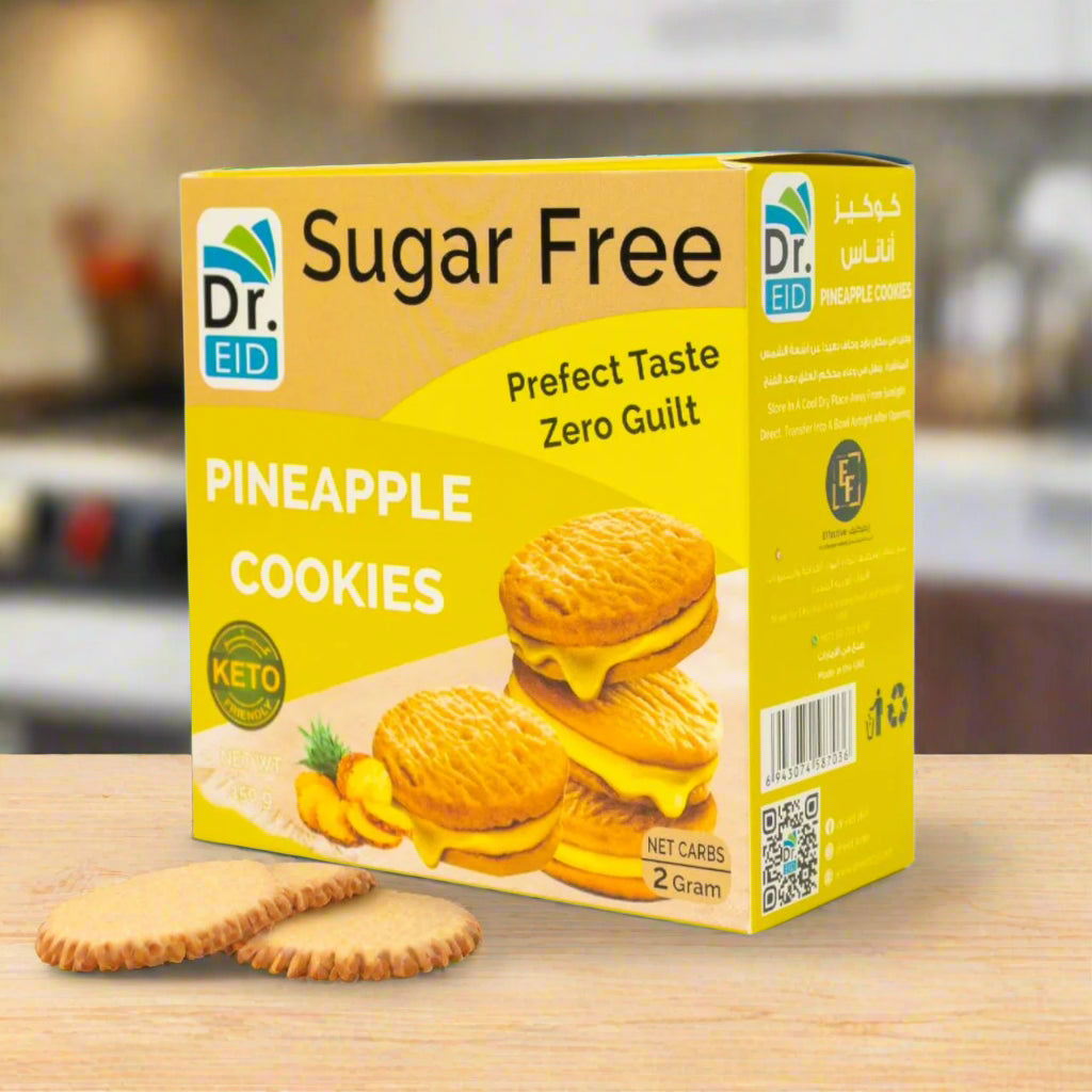 Box of very effectivesugar-free pineapple cookies on a white background