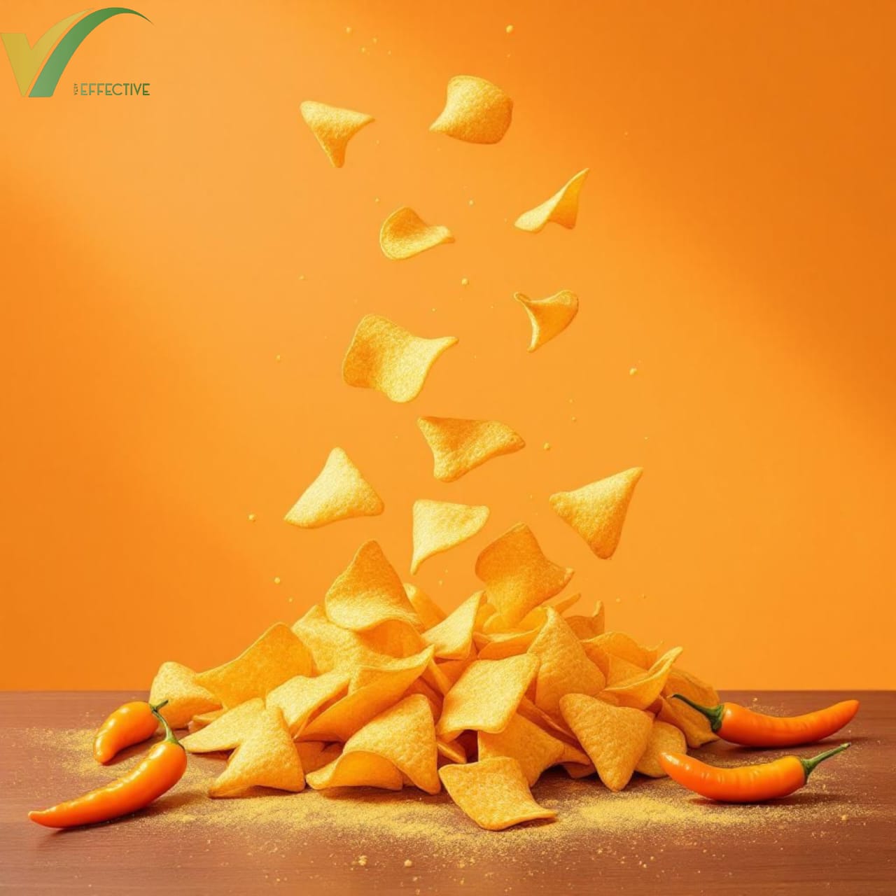 Pile of tortilla chips with chili peppers on an orange background