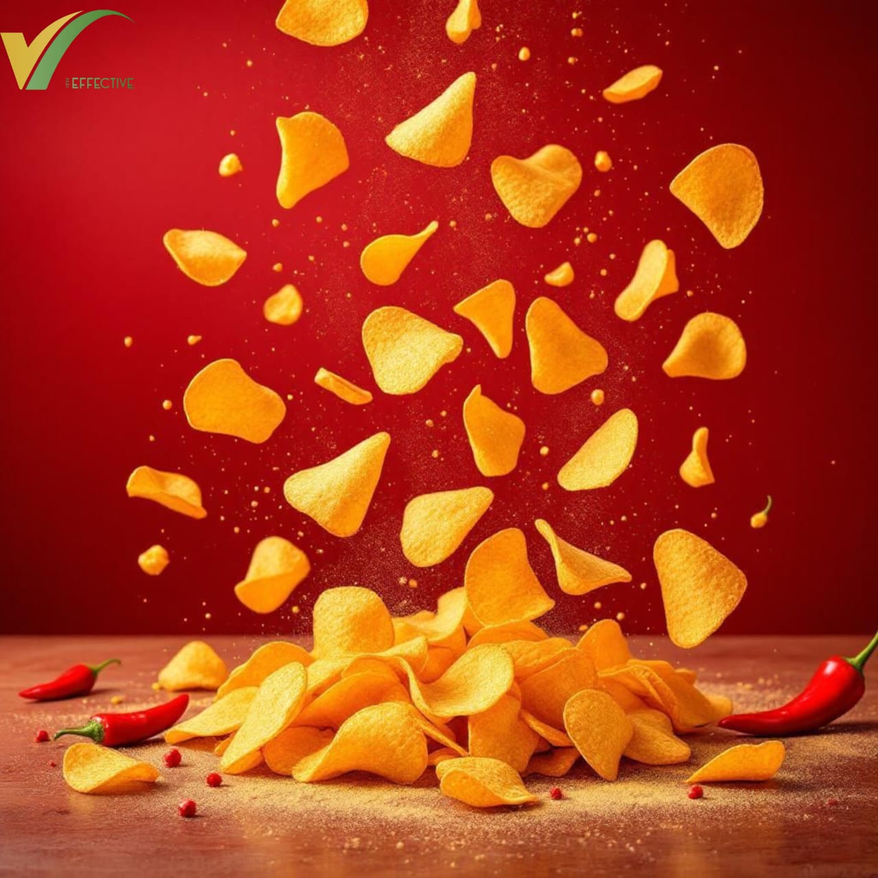 chips keto veryeffectiveYellow tortilla chips falling onto a wooden surface with red peppers on a red background