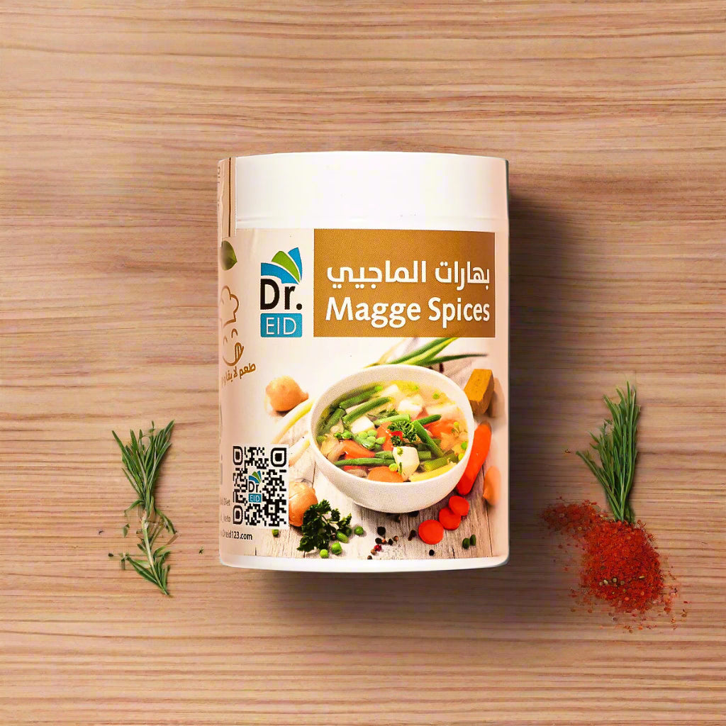 A container of Dr. Eid Magge Healthy Spices with a label showing a bowl of food and the text 'MAGGE SPICES' in bold.veryeffective