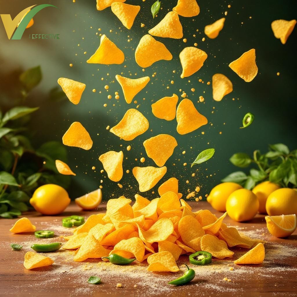 very effective Yellow tortilla chips falling onto a wooden surface with lemons and green leaves in the background.